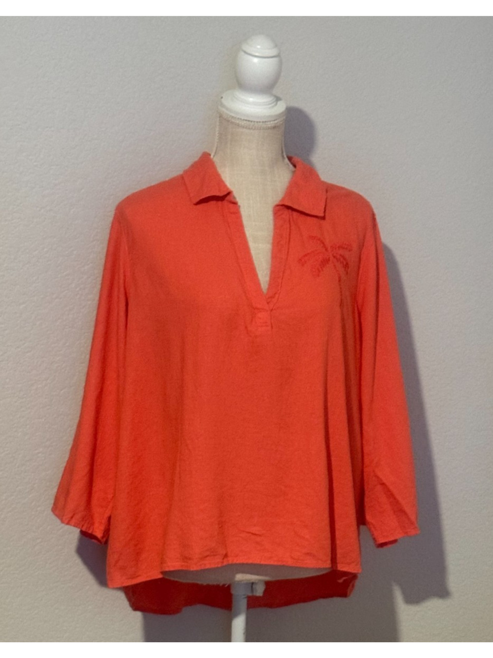 Calypso St Barth Womens Orange Linen Blend Palm Tree Tunic Blouse Top 1X XL